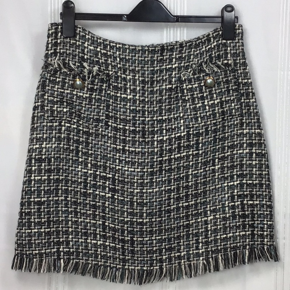 Ninety Tweed Fringe Front Pockets Back Zip Lined Suit Mini Skirt Sz.12